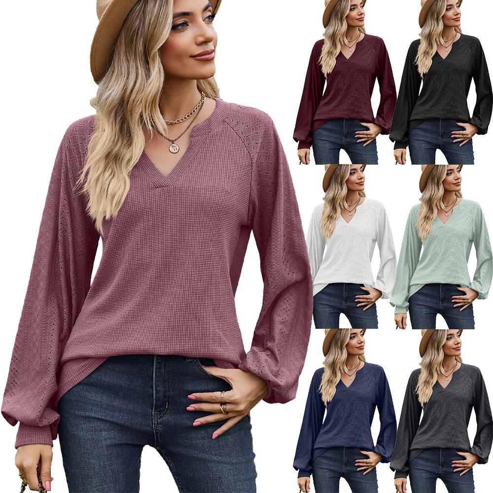 2023 European & American Solid Color V-Neck Splicing Long-Sleeve Loose T-Shirt for Women