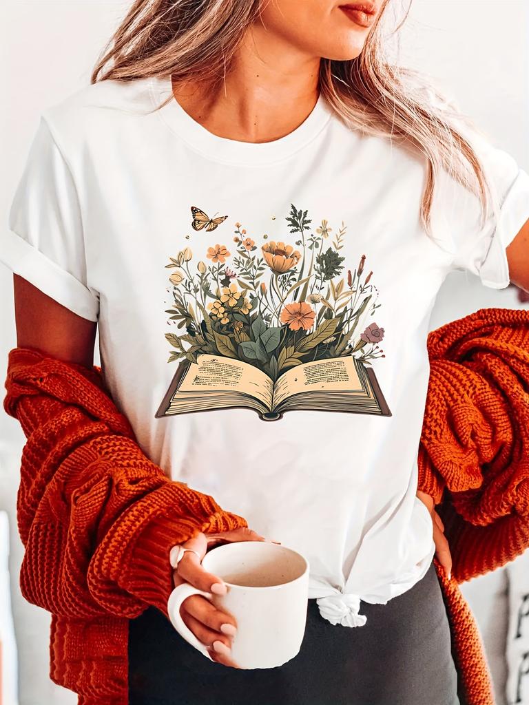 Book Lover Print Crew Neck Short Sleeve Casual Top for Summer Spring Womens Clothing Harajuku Sleeve Casual Aesthetic Clothes