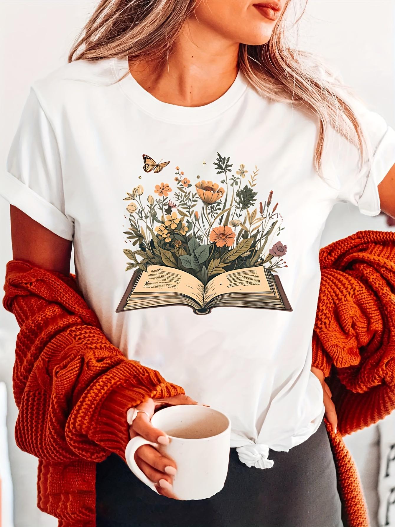 

Book Lover Print Crew Neck Short Sleeve Casual Top for Summer Spring Womens Clothing Harajuku Sleeve Casual Aesthetic Clothes S