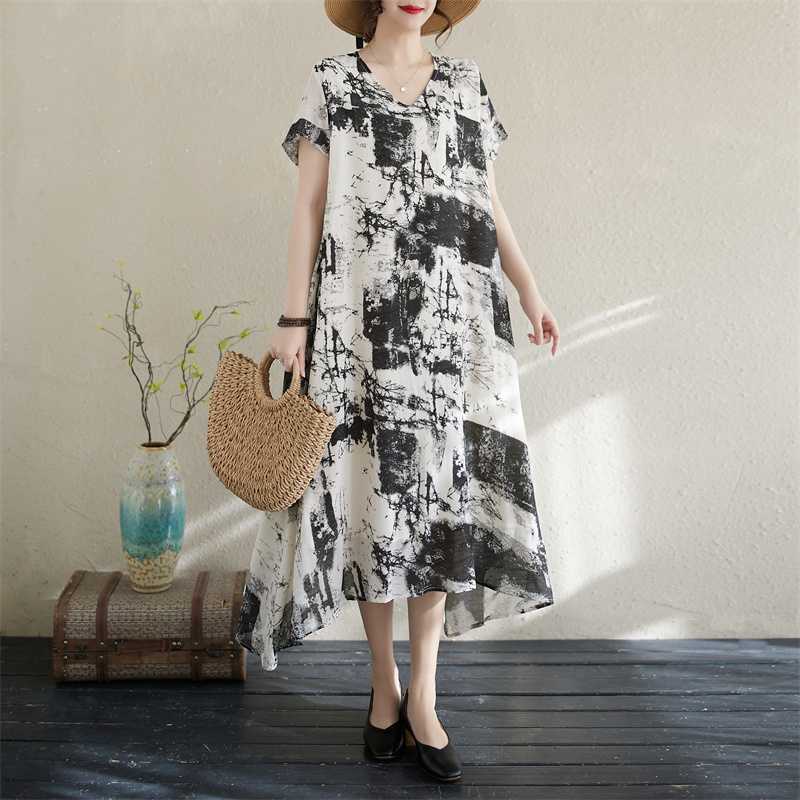 

Хлопковая и льняная юбка макси с V-образным вырезом и нерегулярным принтом M