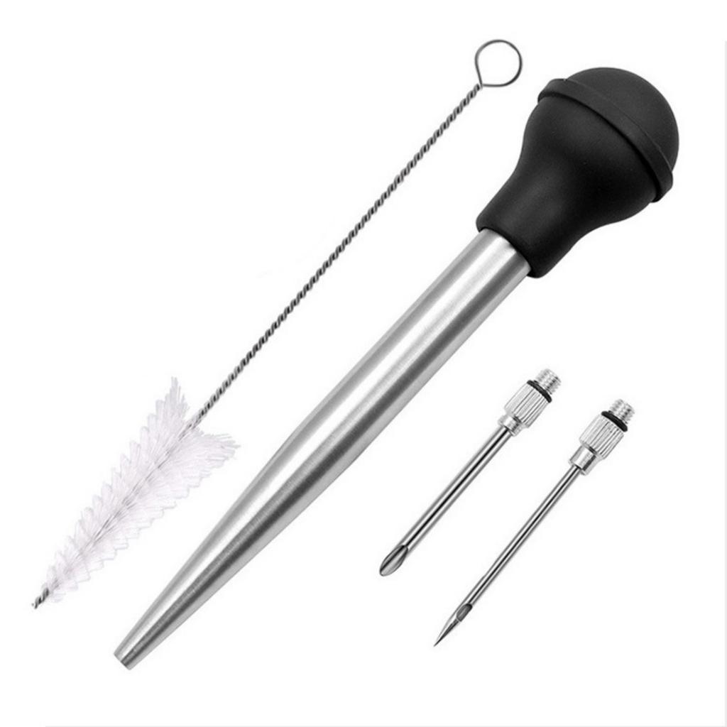 Stainless Steel Turkey Baster Set with Silicone Bulb and Cleaning Brush for Roasting Grilling Cooking Meat Marinade Injector Needles Included