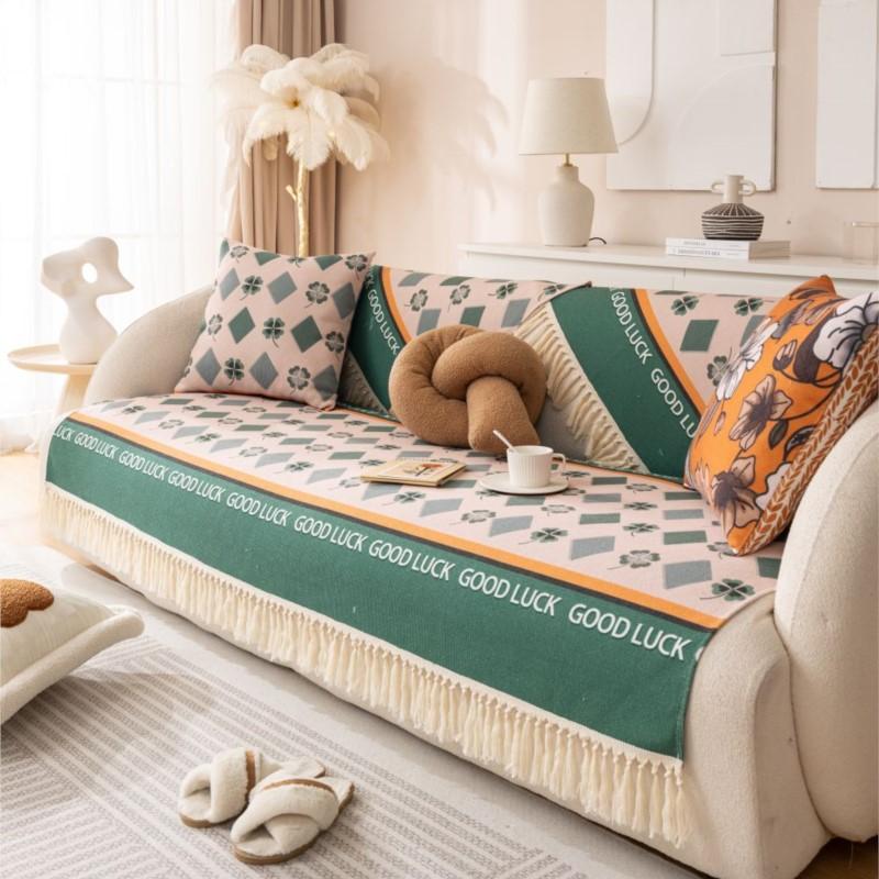 Luxury Tassels Sofa Couch Covers Living Room Non-Slip Armrest Backrest Sofa Cushion Universal Linen Flowers Sofa Slipcover