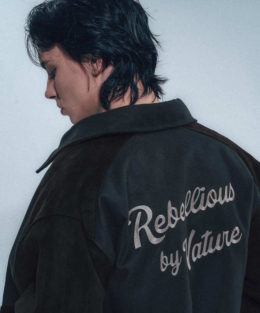 Rowdy Vegan Suede Mix Fitted Varsity Jacket_Black