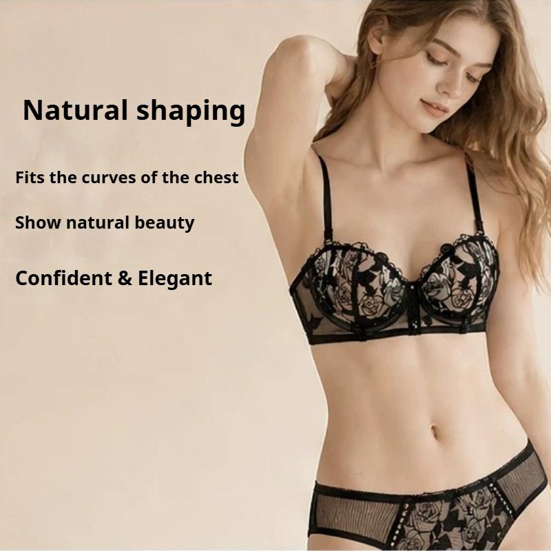 Conjunto de Sujetador Sexy para Mujer Francés, Conjunto de Lencería de Encaje Suave con Aro y Copas de Oreja de Conejo, Conjunto de Sujetador Reductor para Pecho Grande