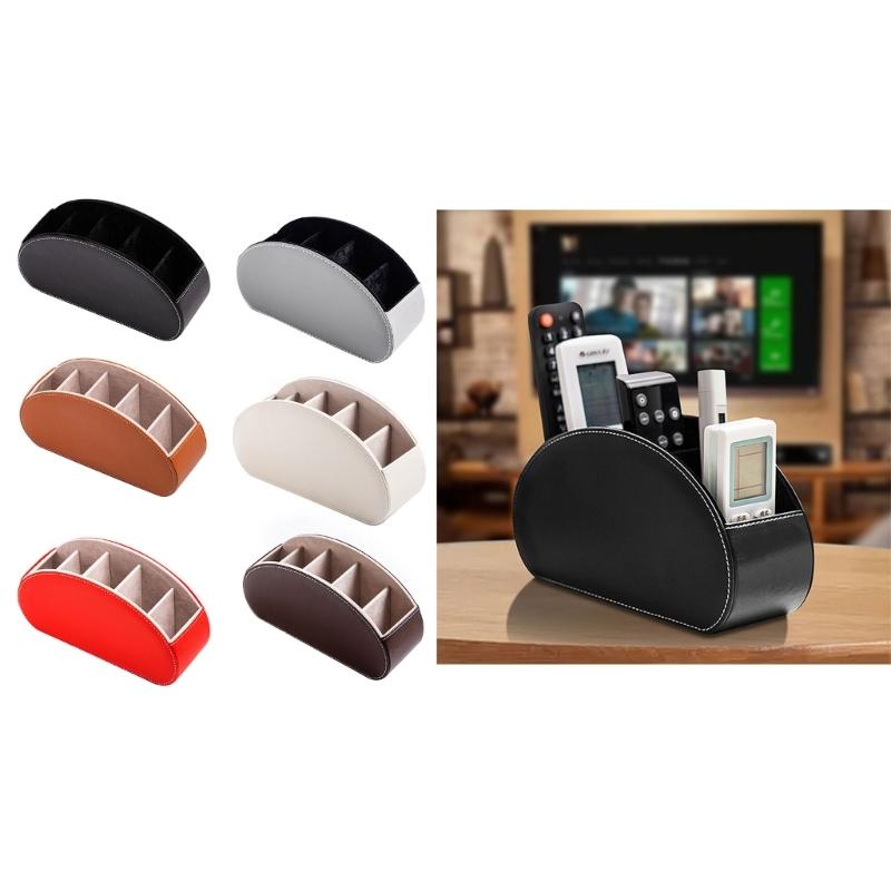 All-in-One Leathers TV Remote Control Holder with 5 Compartments Desktop Storage Box Organizer Tray for Makeup Brush Pen