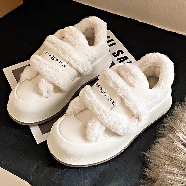 Thick-soled Velcro, fluffy bread, little white shoes, children's winter velvet to keep warm 2025 new popular board shoes, cotton shoes