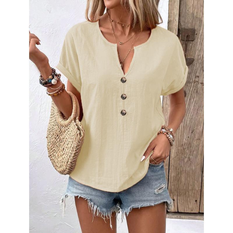 2025 Summer V-neck Short Sleeved Women T-shirt Buttons Plus Size Fashion Casual Office Simple Blouse Solid Color Loose Top Women's Clothing