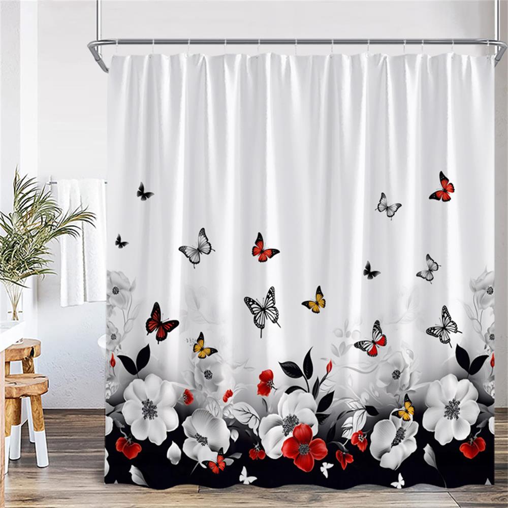 Floral Blue Butterfly Shower Curtain Purple Flowers Butterflies Plant Polyester Fabric Bathroom Decor Bath Curtains with Hooks