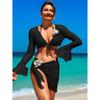 Sexy Mesh 4 Piece Bikinis Set Women Red Black Flare Long Sleeve Cover Up with Skirt Swimsuit Beach Holiday Bathing Suit Swimwear