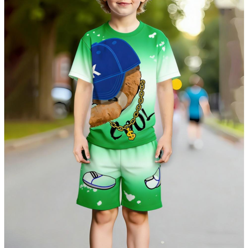 Europe and America Funny Bear Fashion Men's Set Summer Men's T-shirt and Shorts 2 Piece Set Outdoor Casual Men's and Women's Outfit