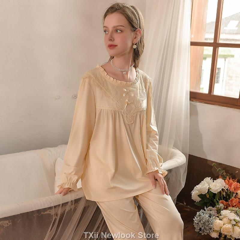 

Пижамный комплект с длинными рукавами из французского кружева в стиле суда, осенняя домашняя одежда из двух предметов, которую можно носить снаружи L жёлтый