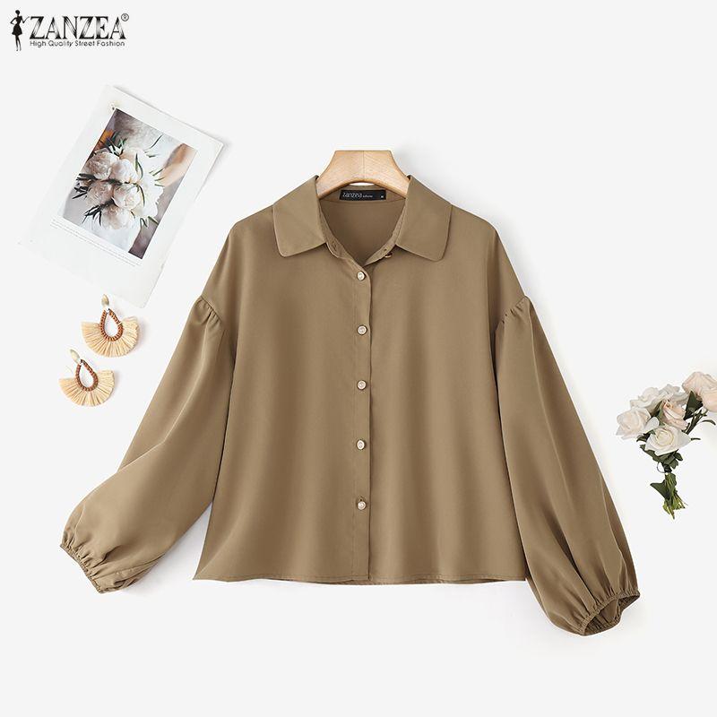 ZANZEA Women Loose Classic Collar Solid Color Long Sleeve Blouse