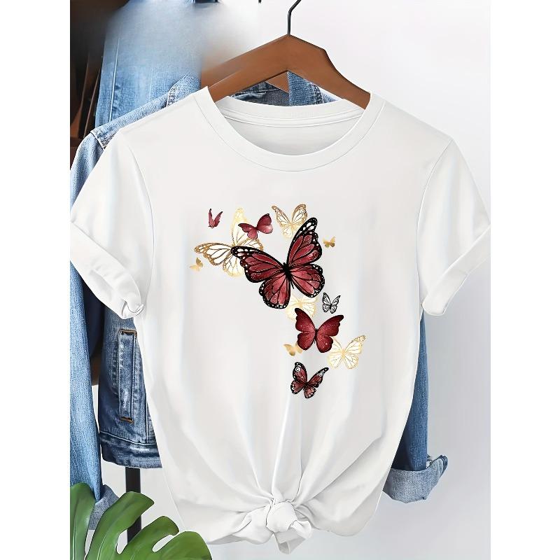 European Size Women'S Sleeve T-Shirt with Vibrant Butterfly & Floral Letter Print - Casual Crew Neck, Spring