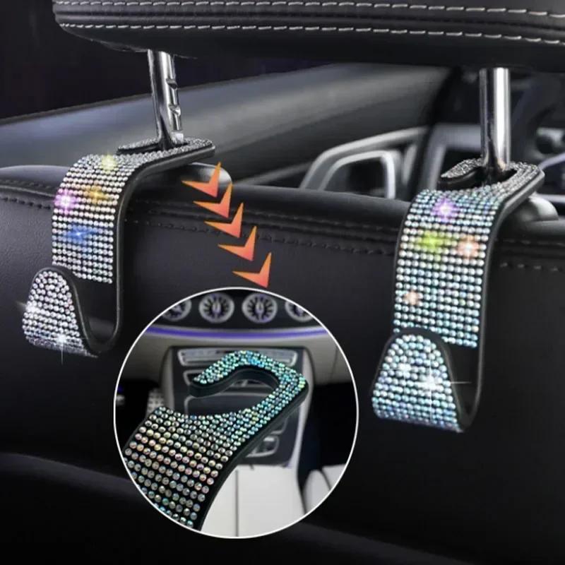 2Pcs Car Seat Back Hook Bling Diamond Hanger Backseat Auto Back Universal Headrest  Storage Holder Car Interior Accessories