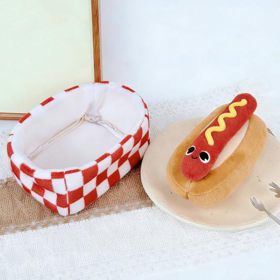 Squeaky Plush Dog Toy Hot Dog Bun Shape Chew Toy Dog Snuffle Toy with Crinkle Paper Puppy Teething Toy for Boredom Relief Interactive Training