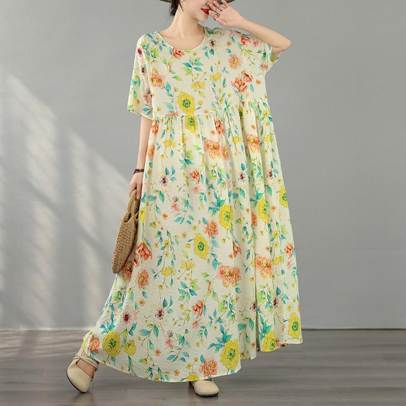 Short Sleeve Plus Size Cotton Vintage Floral New In Dresses for Women Casual Loose Long Summer Dress