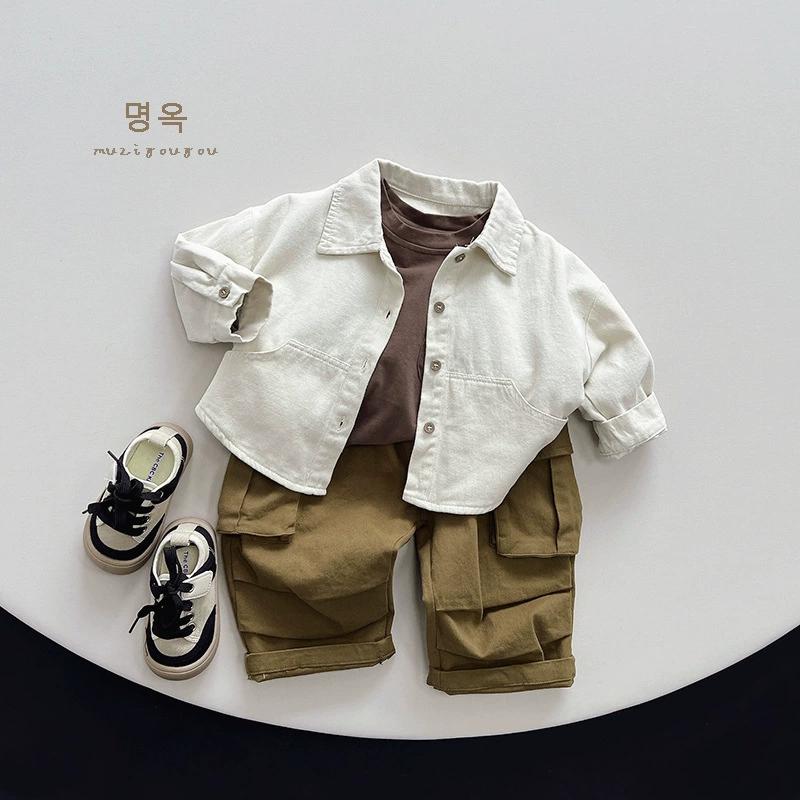 Korean boys' shirt long sleeved spring and autumn 2024 new girls' shirt baby top children's cardigan outdoor wear