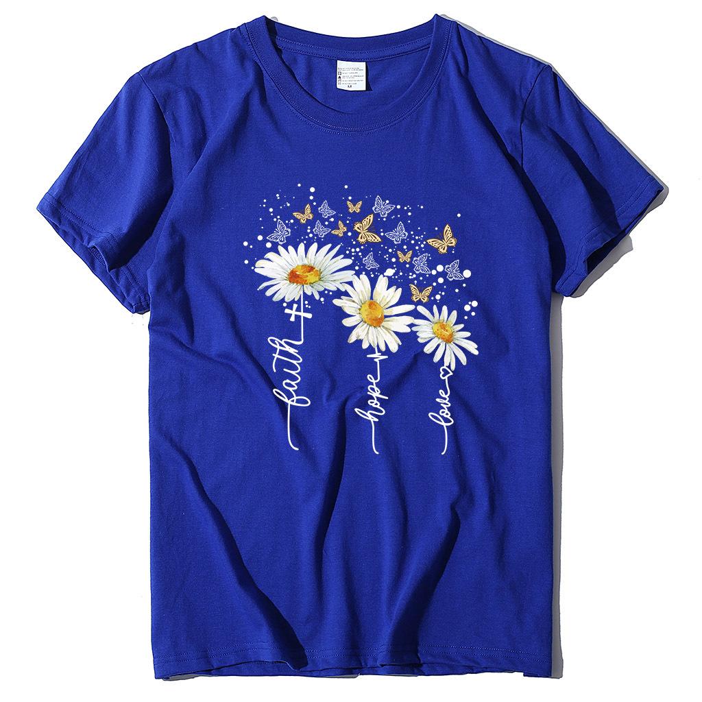 Ležérní tričko s potiskem chryzantémy a motýlů, letní top s krátkým rukávem z čisté bavlny s kulatým výstřihem, dámské