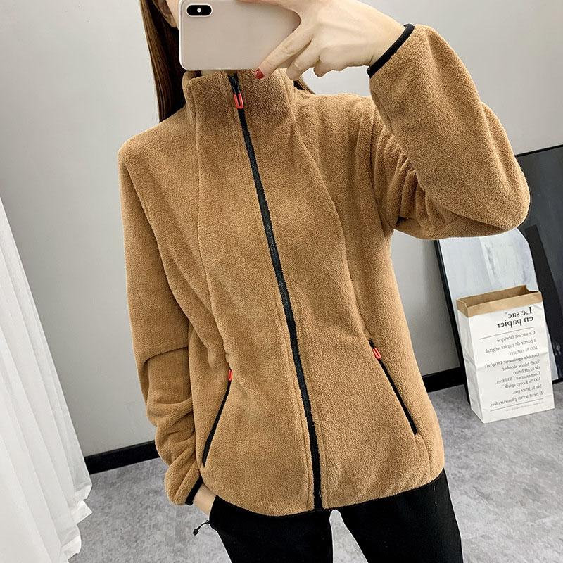 Зимняя флисовая куртка для походов, женская утолщенная флисовая толстовка для скалолазания, бега, спортивная куртка с воротником-стойкой и двойной боковой молнией XXXXL кофейный