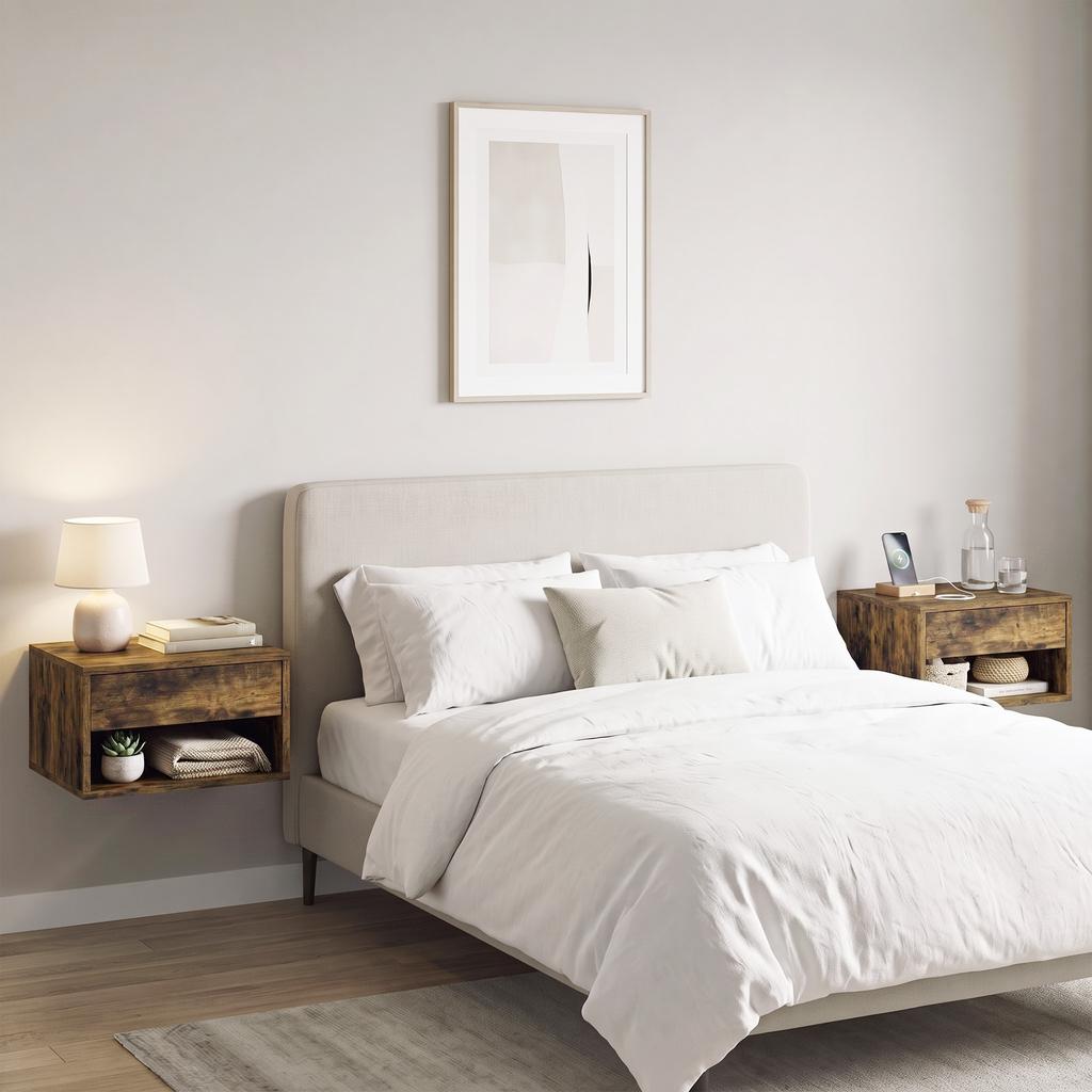 Set Of Two Floating Bedside Tables Rustic Brown
