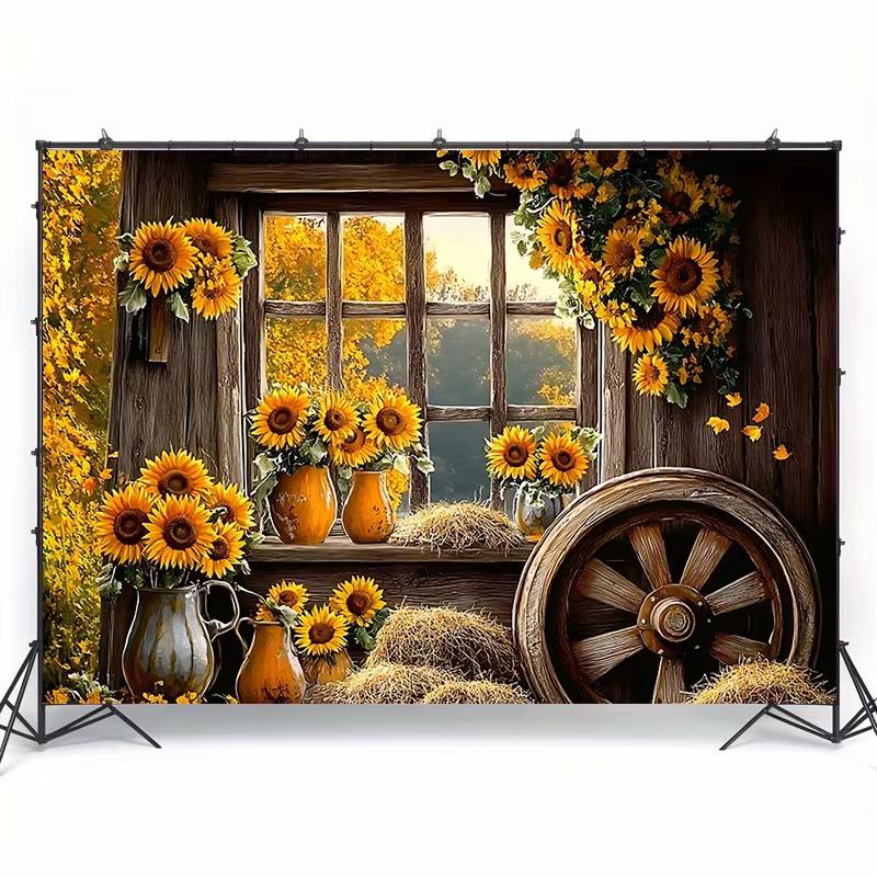 2D Printed Backdrop with Wooden Window, Sunflowers, Hay Bales and Wagon Wheel