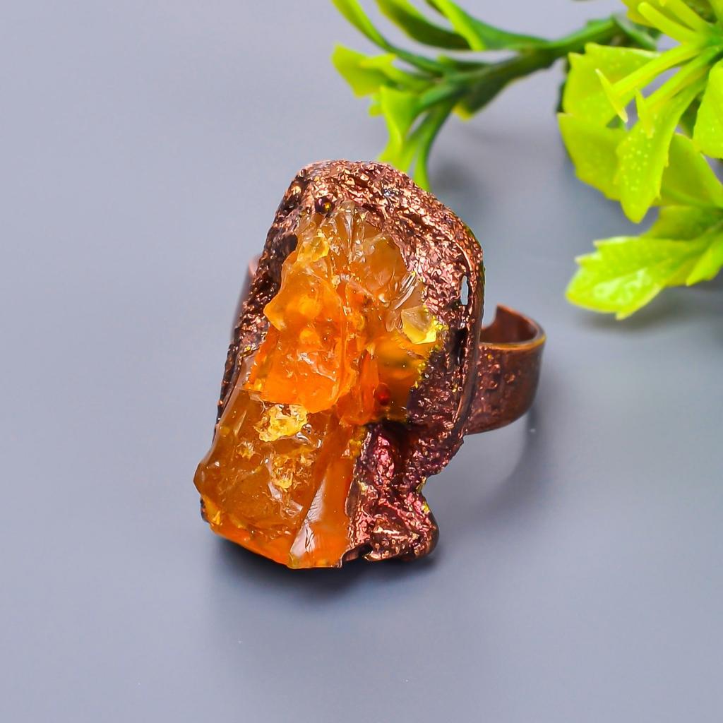 Hessonite Garnet Rough Stone Mother Gift Eternity Sisters Day Trendy Ring Copper V-11