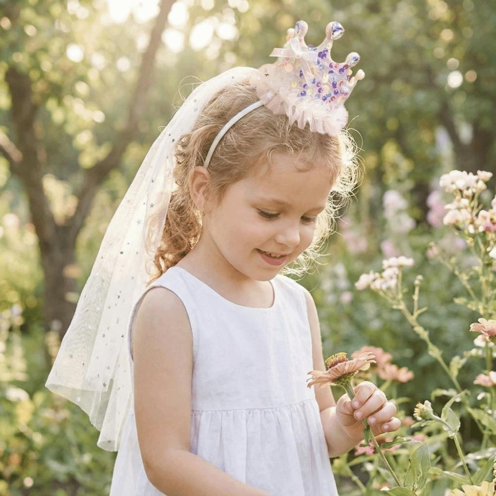 Sweet Princess Crown Veil Pink White Hair Accessories New Sparkly Tulle Headbands Girl