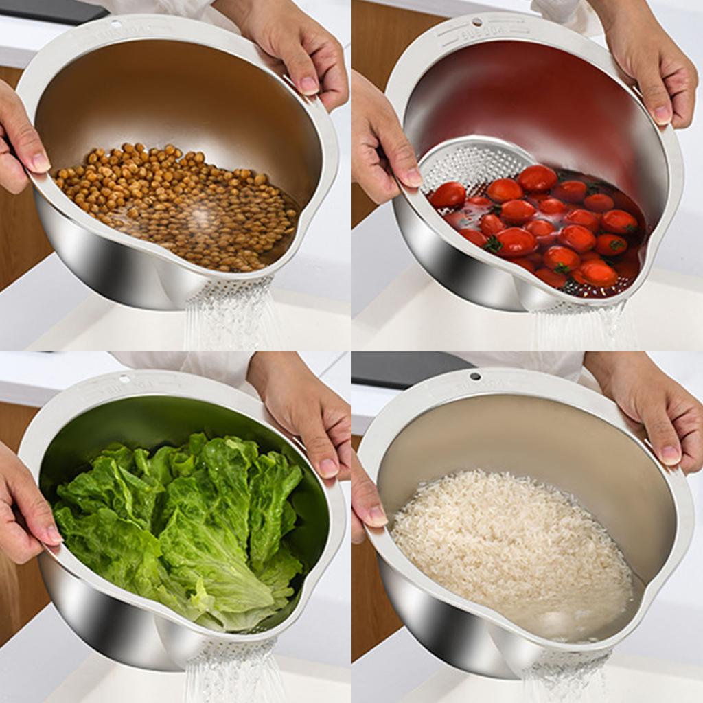 Slanted Rice Strainer Washing Bowl for Cleaning and Washing Vegetable Fruits Silver Fruits Rice Washing Bowl with Side Drainage