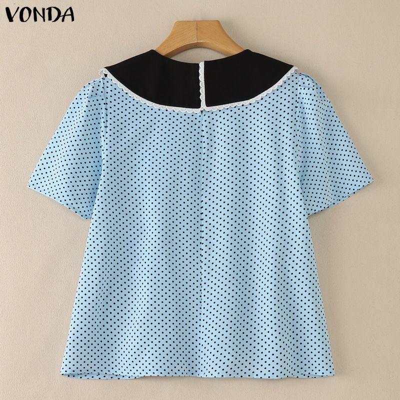 VONDA Summer Women Summer Laple Neck Splicing Polka Dot Short Sleeve Casual Blouse Tops