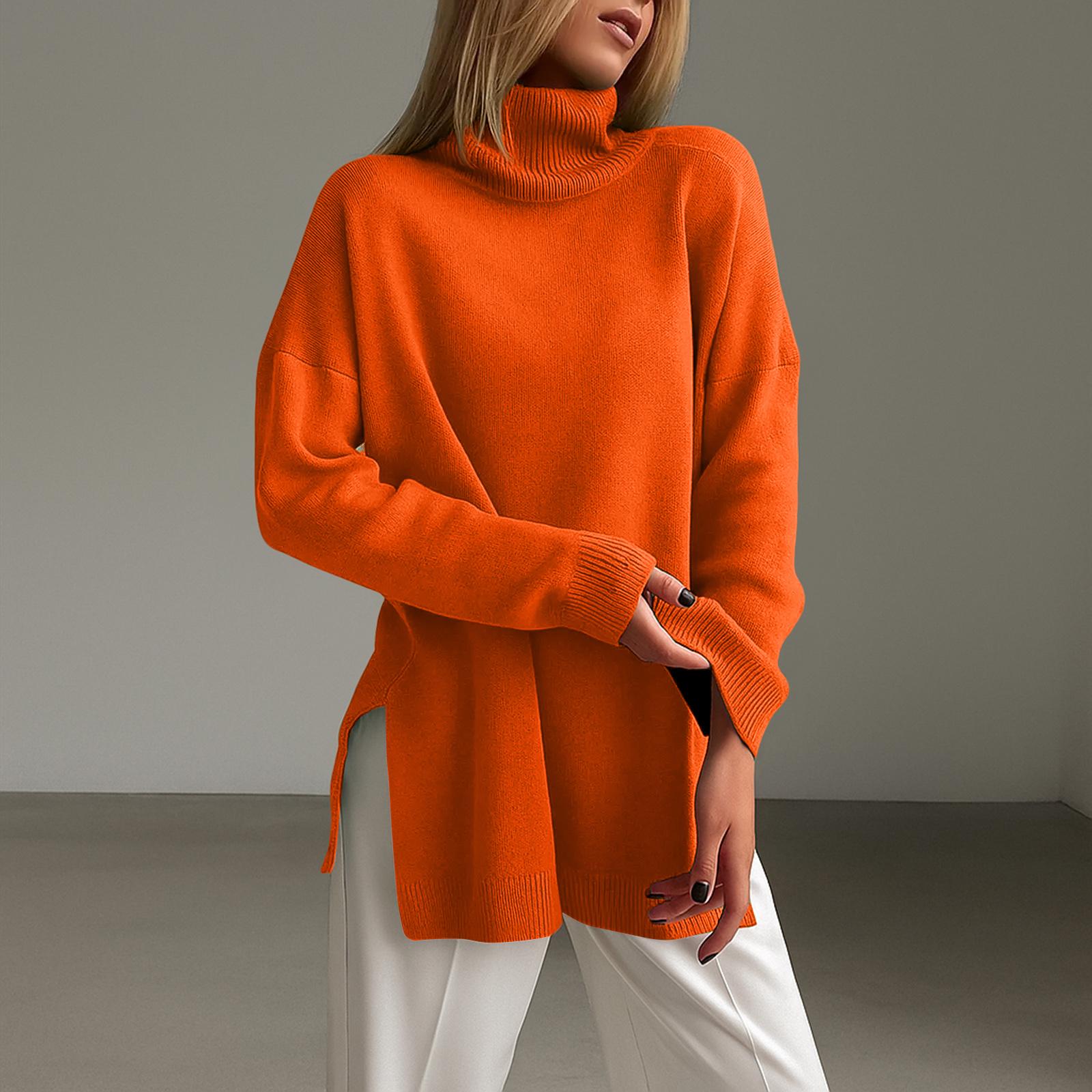 

Women s Fashion Casual Solid High Collar Hem Split Long Sleeve Sweater Top XL помаранчевий
