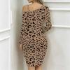 Women Plus Size Asymmetric Cold Shoulder Long Sleeve Dark Gold Leopard Print Irregular Wrap Bodycon Midi Dress