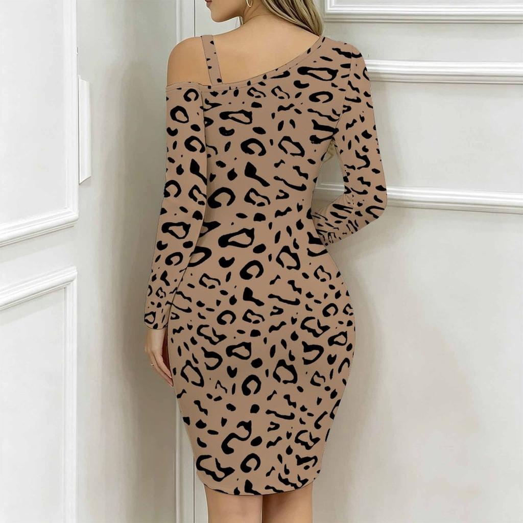 Women Plus Size Asymmetric Cold Shoulder Long Sleeve Dark Gold Leopard Print Irregular Wrap Bodycon Midi Dress