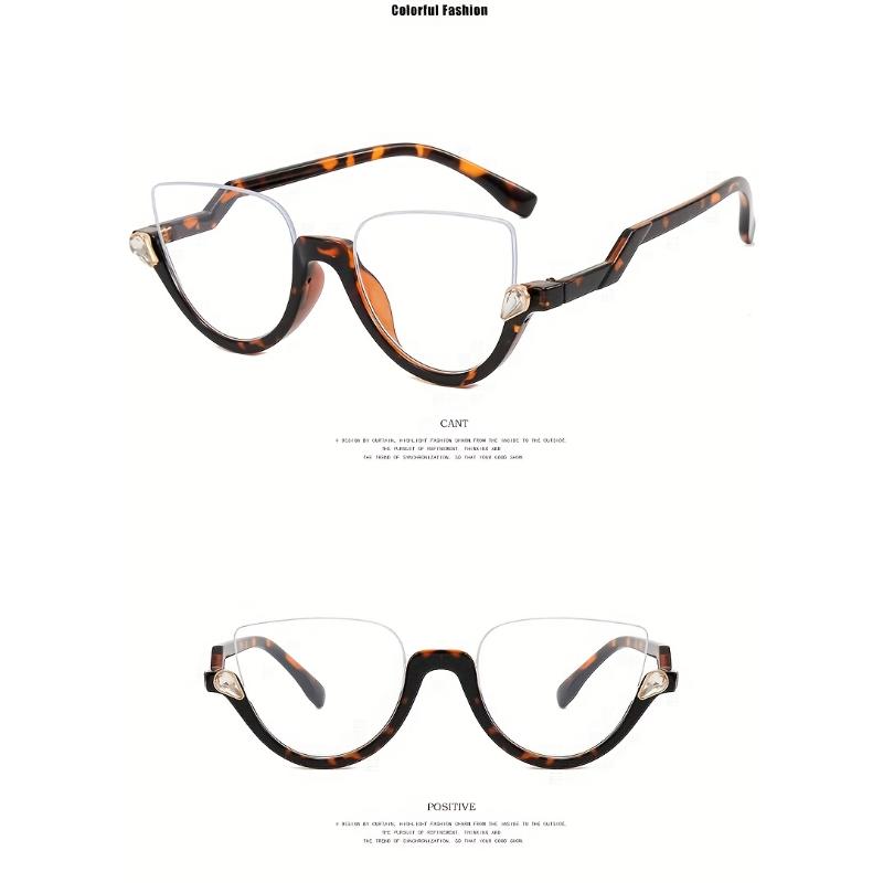 Man Women's Trendy Half Frame Cat Eye Glasses Fashionable Light Casual Glasses Diamond Studded Retro Flat Mirror
