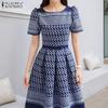 ZANZEA Damen Lässig Rundhals Sommer Kurzarm Print Kleid