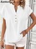 New Retro Cotton Linen Women's Casual Shirt V-Neck Button Short Sleeve Solid Color Linen Top