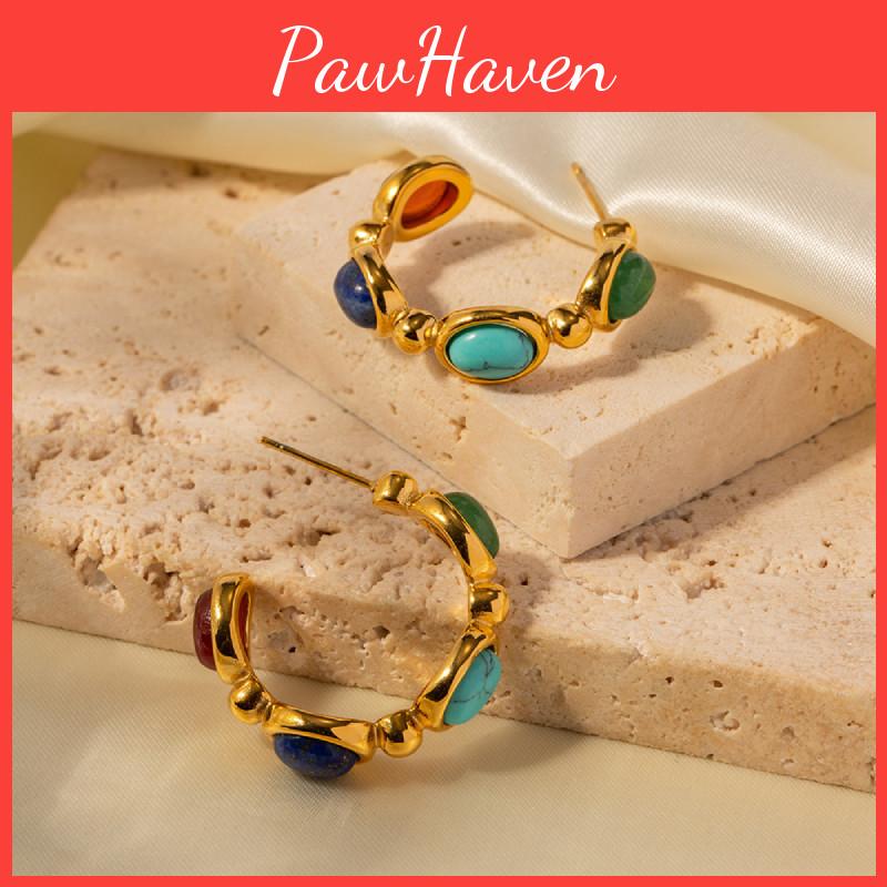 Fashionable And Versatile Stainless Steel Earrings With 18k Gold Plating Geometric Shape Embedded Natural Stone