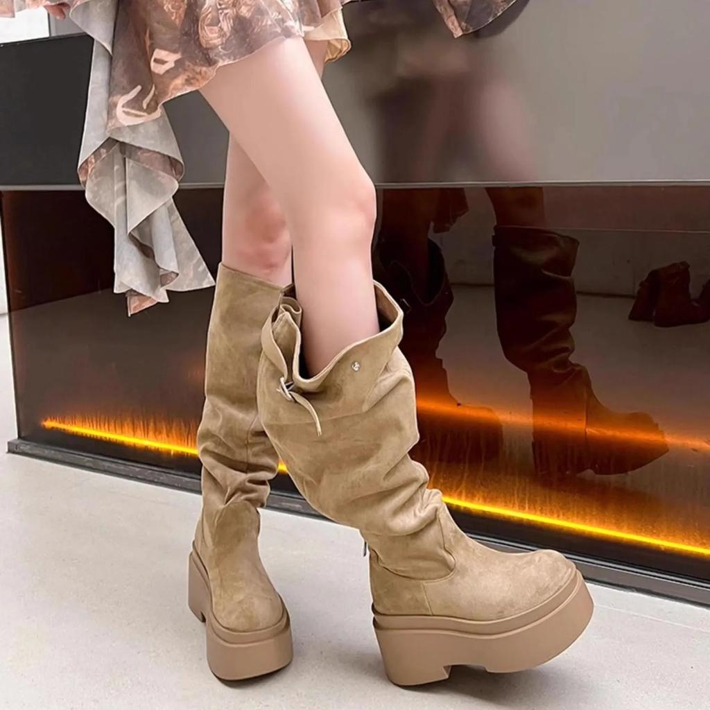 Women's Thick Heels Knee High Boots Khaki Flock Slip on Western Boots Woman Spring Autumn Soft Leather Short Botas Mujer