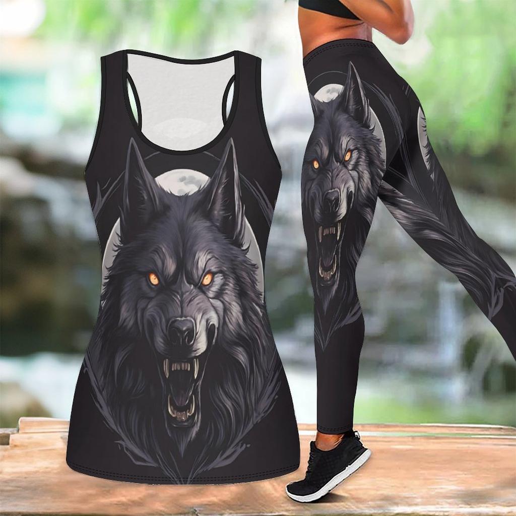 Fierce Wolves Pattern Print Yoga Outfit for Women Fashion Workout Leggings Fitness Sports Casual Yoga Set Sports Suit