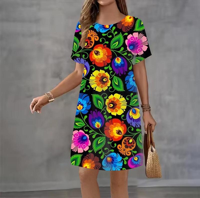 Modisches 3D-Druck Sommerkleid Locker Lässig Kurzarm Rundhals Minikleid