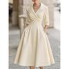 Damen Vintage V-Ausschnitt Langarm Wickel Taille A-Linie Midi-Kleid mit Taschen