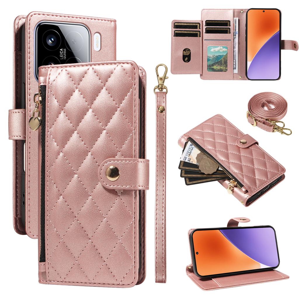 For Xiaomi 15 Wallet Case with Straps,Rhombus Leather Stand Phone Cover