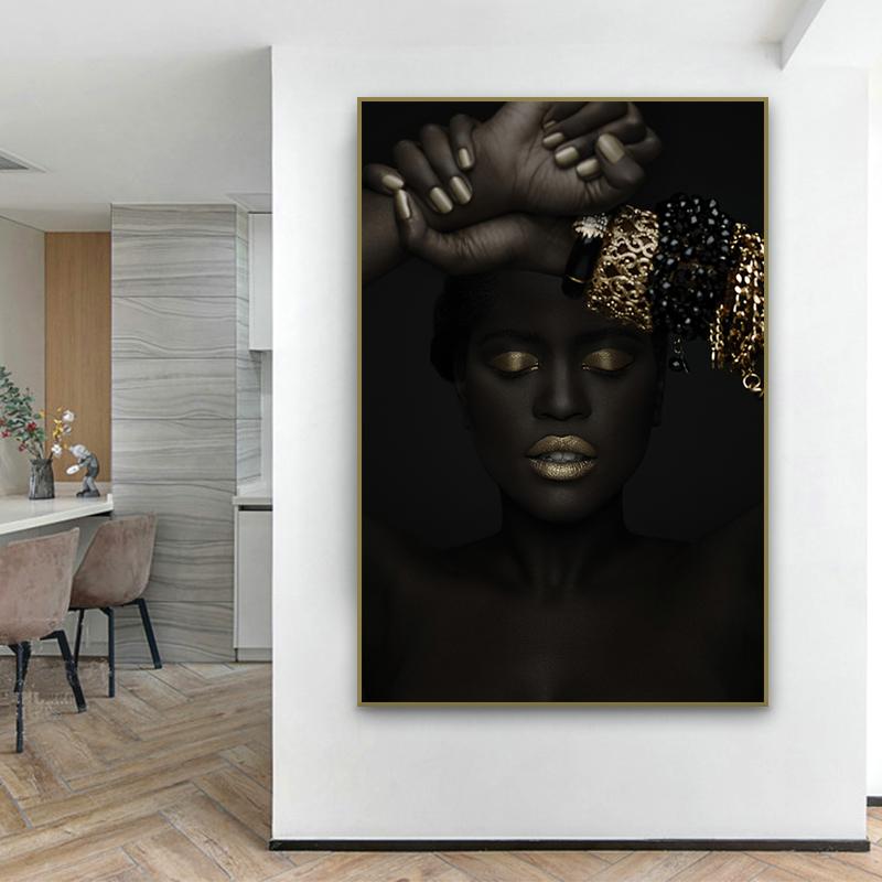 Modern Figure Art Canvas Painting African Black Woman Posters and Prints Gold Jewelry Girl Wall Pictures for Living Room Decor