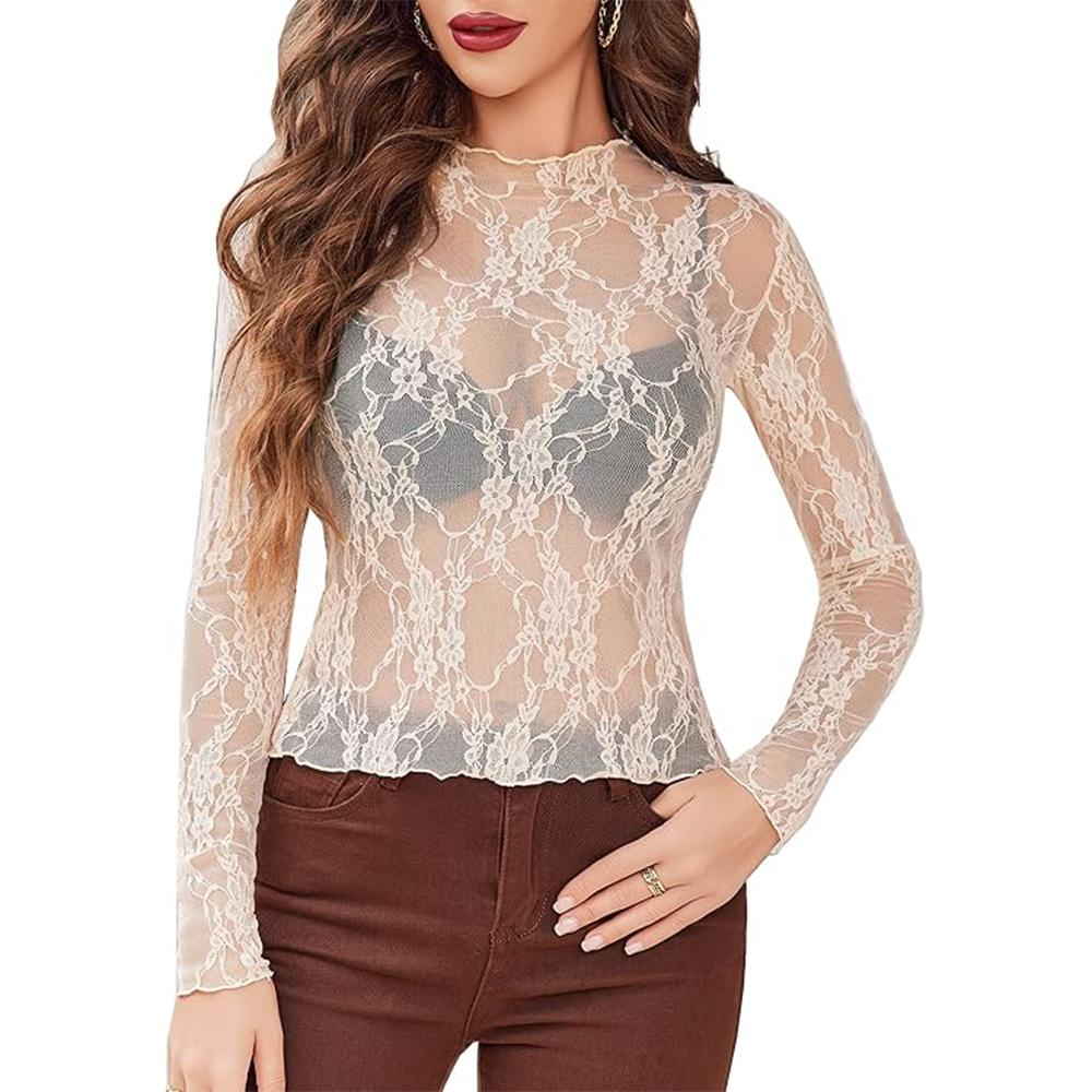 

Жіноча сітчаста прозора блуза з довгим рукавом і мним вирізом, прозорі мереживні топи з квітковим принтом 2XL абрикосовий