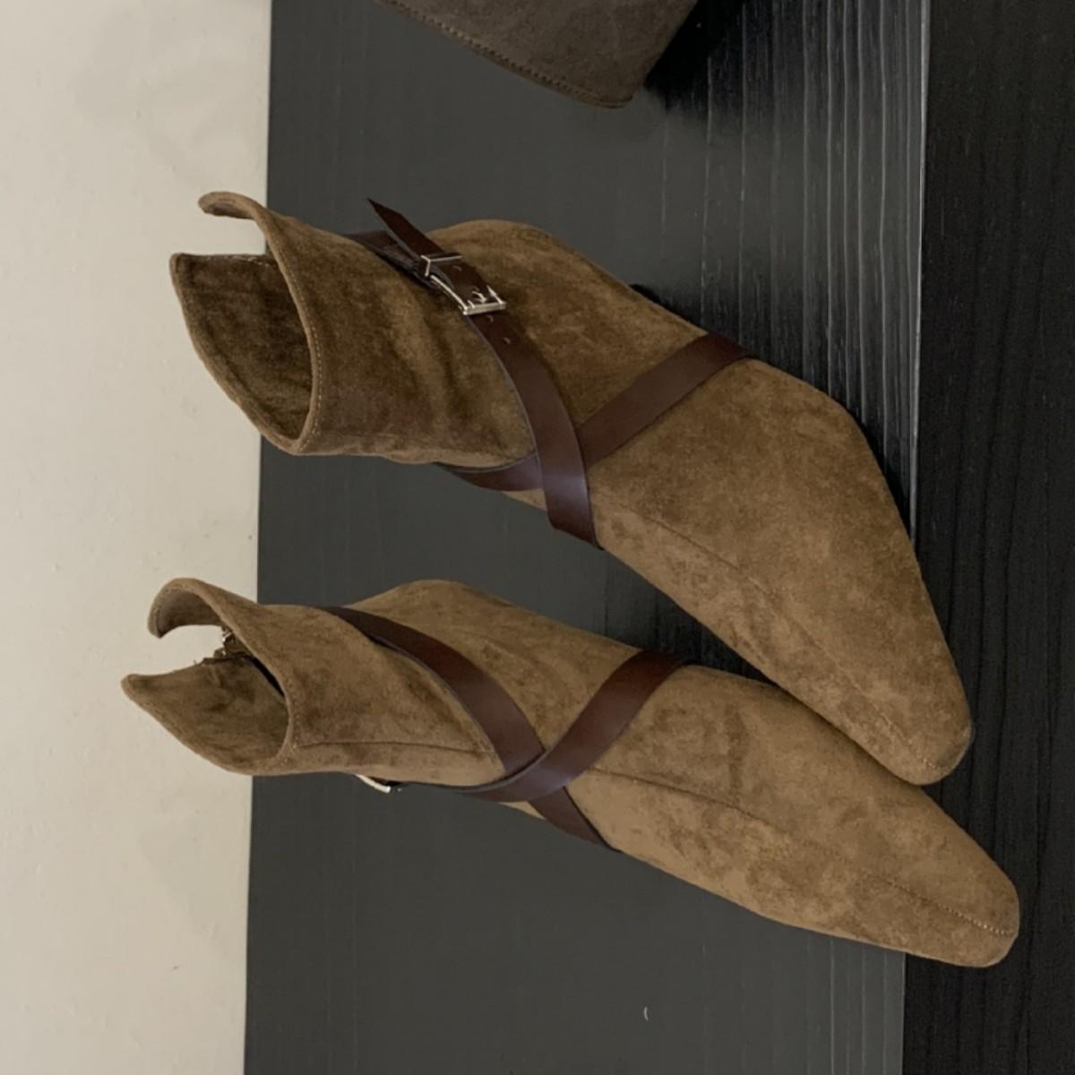 

2025 high heel rear zipper thin boots women s matte belt buckle pointed temperament short boots retro thin heel single boots 39