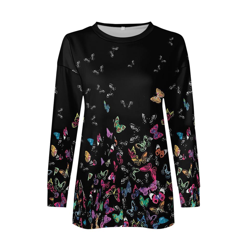 Damen Rundhals-Oberteile, Baumwolle, Damen, lässig, modisch, bedruckt, langärmelig, O-Ausschnitt, Pullover, Oberteil, Bluse