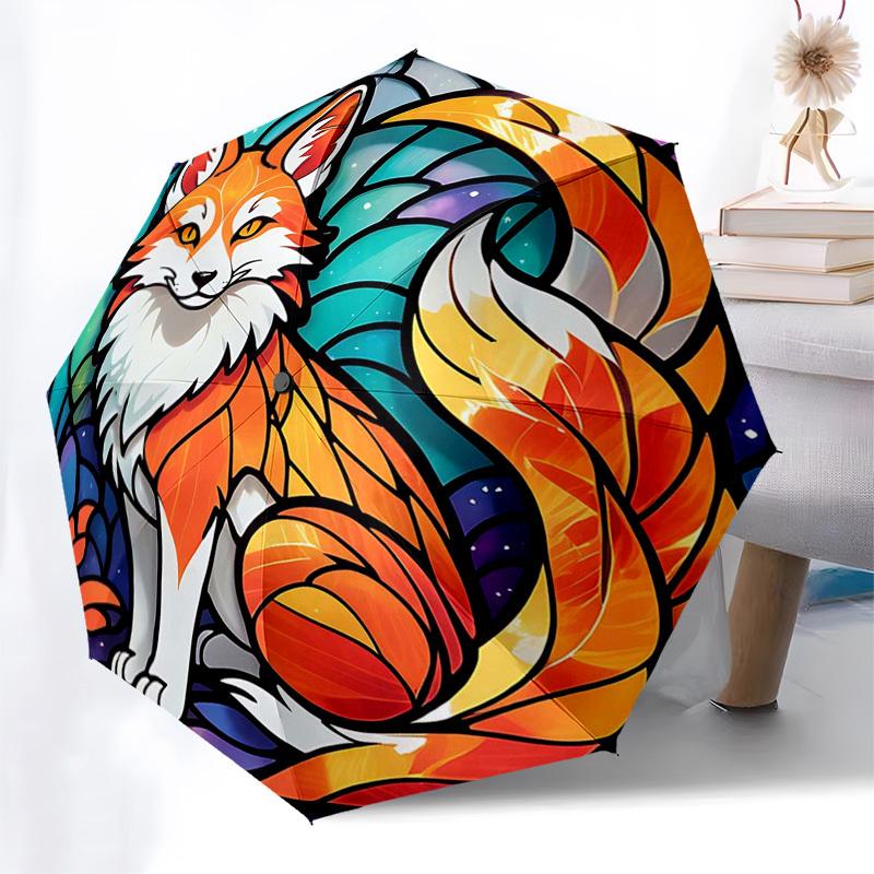 

1pc Stained Glass Fox Design Automatic Folding Umbrella - Portable 3-Fold Design with 8-Bone Iron Frame, Outdoor, Ideal Gift for Fans, Travelers, Dail