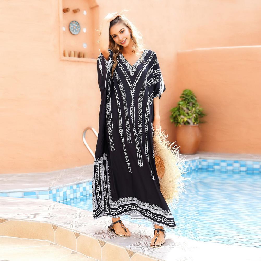 Bikini Cover Up Dress V-Neck Short Sleeve Loose Fit Robe Beach Sun Top Ethnic Style Pattern Side Slit Long Beach Dress
