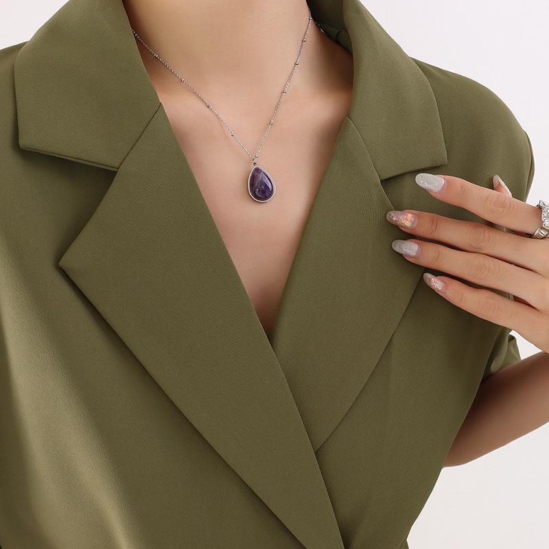 Korean Style Teardrop Oval Pendant Necklace, Natural Raw Stone, Clavicle Chain, Gold-Plated Titanium Steel