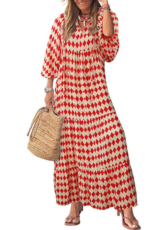 2023 Autumn New Independent Station Hot-selling Geometric Printing Bubble Sleeve Dress Street Fried Street Large Size Women's Clothing
