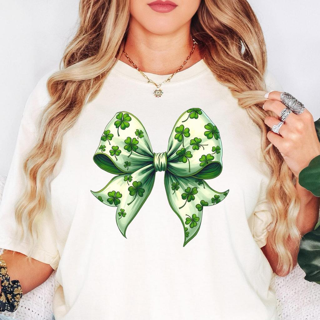 Shamrock Four Leaf Clover Bow Shirt: St Patricks Day Lucky Tee